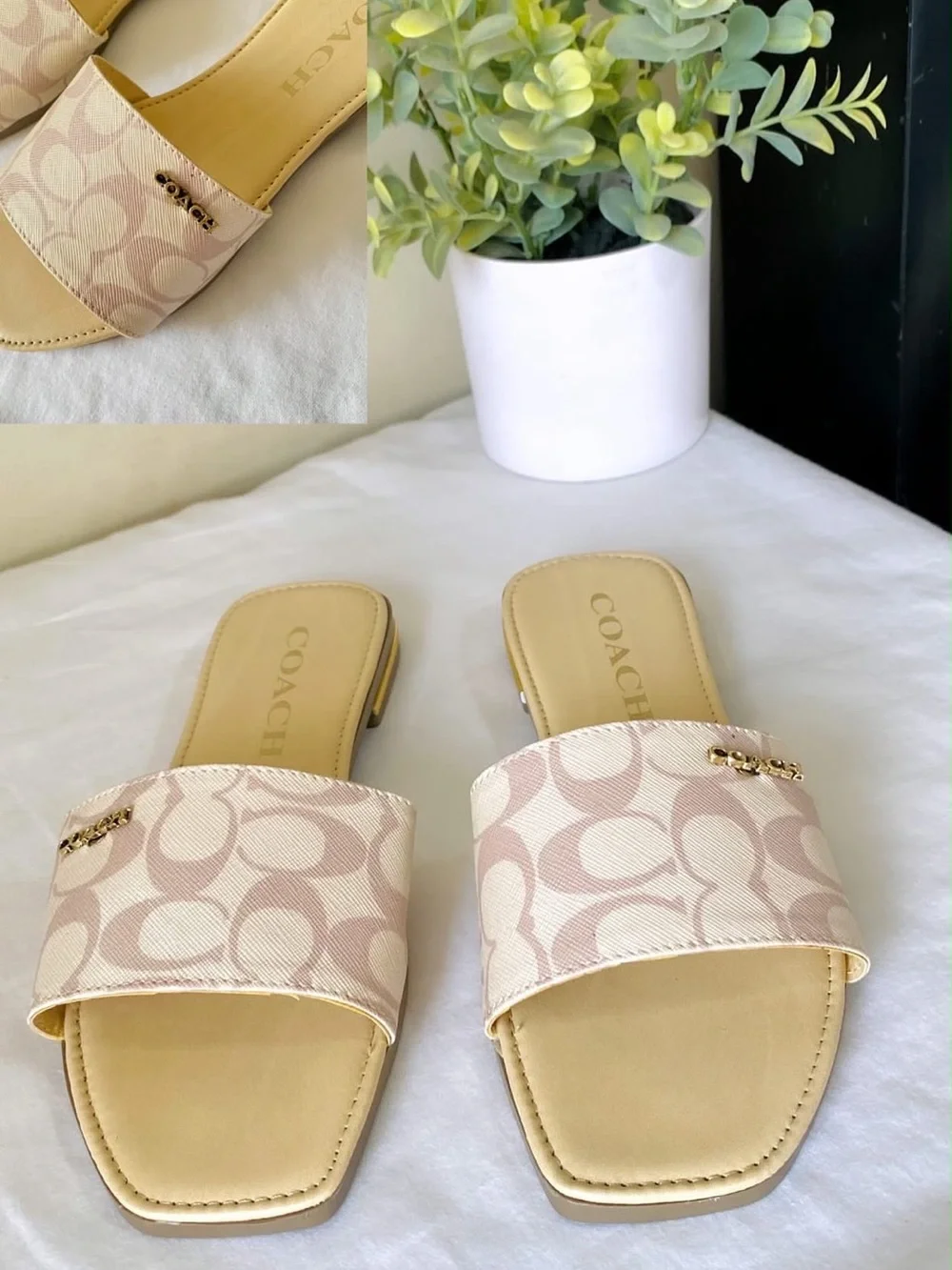 Coach Pink Signature Jacquard Slide Sandals with Gold Logo NOT ORIG